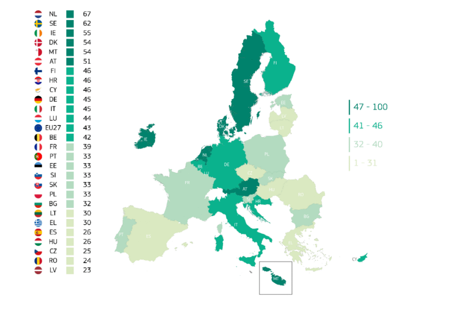 Mapa d'Europa que mostra el percentatge de coneixement que té cada país de l'economia social.
