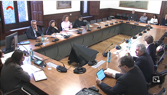 Imatge de la segona sessió de compareixences. En una taula allargada i rectangular, hi ha vuit persones assegudes.